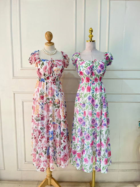 Spring Floral Square Neck Long Maxi Dress